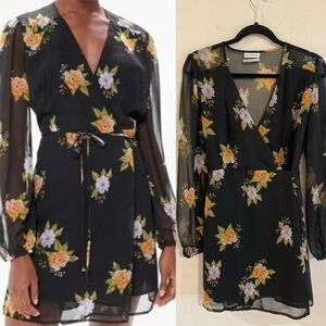 Urban Outfitters Women’s Wrap Mini Dress Medium Black Floral Semi Sheer Mesh